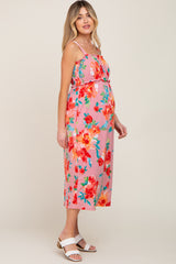 Pink Floral Square Neck Ruffle Maternity Midi Dress