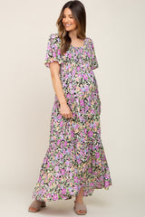 Black Floral Smocked Ruffle Tier Maternity Maxi Dress