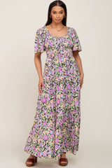 Black Floral Smocked Ruffle Tier Maternity Maxi Dress