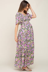 Black Floral Smocked Ruffle Tier Maternity Maxi Dress