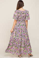 Black Floral Smocked Ruffle Tier Maternity Maxi Dress