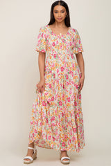 Ivory Floral Smocked Ruffle Tier Maternity Maxi Dress