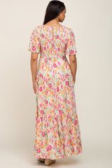 Ivory Floral Smocked Ruffle Tier Maxi Dress