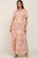 Ivory Floral Smocked Ruffle Tier Maxi Dress