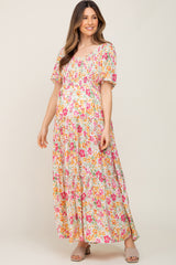 Ivory Floral Smocked Ruffle Tier Maternity Maxi Dress