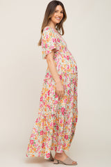 Ivory Floral Smocked Ruffle Tier Maternity Maxi Dress