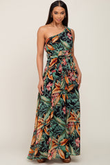 Black Tropical Chiffon One Shoulder Maternity Dress