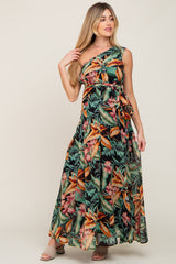 Black Tropical Chiffon One Shoulder Maternity Dress