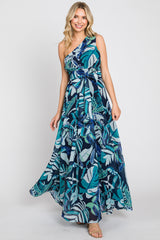 Navy Blue Leaf Print Chiffon One Shoulder A-Line Waist Tie Maternity Maxi Dress