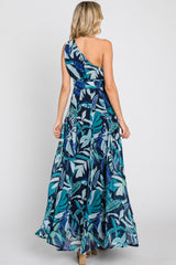 Navy Blue Leaf Print Chiffon One Shoulder A-Line Waist Tie Maxi Dress