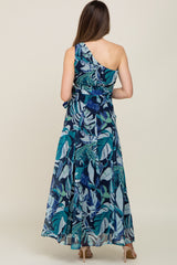 Navy Blue Leaf Print Chiffon One Shoulder A-Line Waist Tie Maternity Maxi Dress