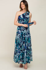 Navy Blue Leaf Print Chiffon One Shoulder A-Line Waist Tie Maternity Maxi Dress