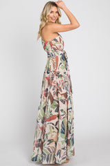 Taupe Leaf Print Chiffon One Shoulder A-Line Waist Tie Maxi Dress