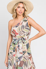 Taupe Leaf Print Chiffon One Shoulder A-Line Waist Tie Maxi Dress