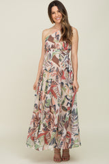 Taupe Leaf Print Chiffon One Shoulder A-Line Waist Tie Maternity Maxi Dress