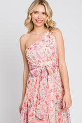 Pink Floral Chiffon One Shoulder Maxi Dress