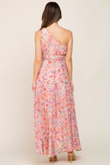 Pink Floral Chiffon One Shoulder Maternity Maxi Dress