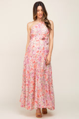 Pink Floral Chiffon One Shoulder Maternity Maxi Dress