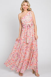 Pink Floral Chiffon One Shoulder Maxi Dress