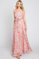 Pink Floral Chiffon One Shoulder Maxi Dress