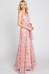 Pink Floral Chiffon One Shoulder Maxi Dress