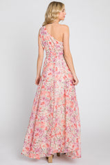 Pink Floral Chiffon One Shoulder Maxi Dress