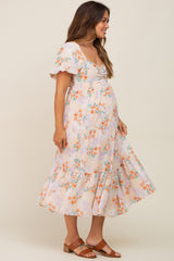 Cream Floral Puff Sleeve Tiered Maternity Midi Dress