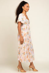 Cream Floral Puff Sleeve Tiered Maternity Dress