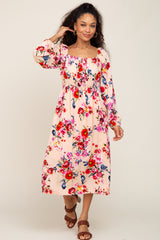 Peach Floral Front Tie Maternity Midi Dress