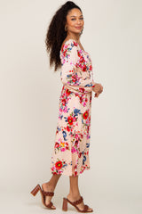 Peach Floral Front Tie Midi Dress