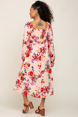 Peach Floral Front Tie Midi Dress