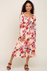 Peach Floral Front Tie Midi Dress