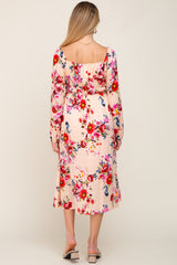 Peach Floral Front Tie Maternity Midi Dress