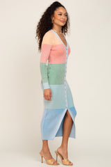 Multi-Color Ribbed Button Front Fitted Midi Dress