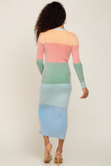 Multi-Color Ribbed Button Front Fitted Midi Dress