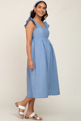 Blue Scallop Flutter Sleeve Maternity Midi Dress