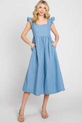 Blue Scallop Flutter Sleeve Midi Dress