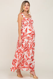 Red Leaf Printed Smocked Ruffle Maternity Maxi Dress