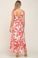 Red Leaf Printed Smocked Ruffle Maternity Maxi Dress