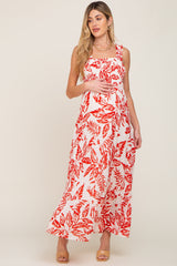 Red Leaf Printed Smocked Ruffle Maternity Maxi Dress