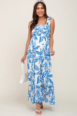 Blue Leaf Printed Smocked Ruffle Maternity Maxi Dress