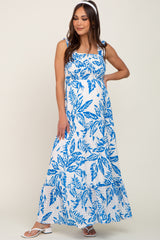 Blue Leaf Printed Smocked Ruffle Maternity Maxi Dress