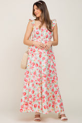 Ivory Floral Square Neck Ruffle Tiered Maternity Maxi Dress