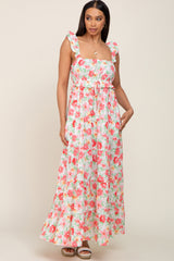 Ivory Floral Square Neck Ruffle Tiered Maternity Maxi Dress