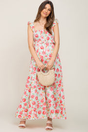 Ivory Floral Square Neck Ruffle Tiered Maternity Maxi Dress