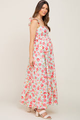 Ivory Floral Square Neck Ruffle Tiered Maternity Maxi Dress