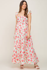 Ivory Floral Square Neck Ruffle Tiered Maternity Maxi Dress