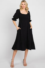 Black Smocked Puff Sleeve Ruffe Hem Midi Dress