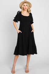 Black Smocked Puff Sleeve Ruffe Hem Midi Dress