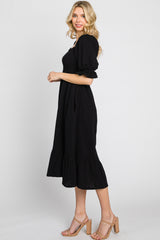 Black Smocked Puff Sleeve Ruffe Hem Midi Dress